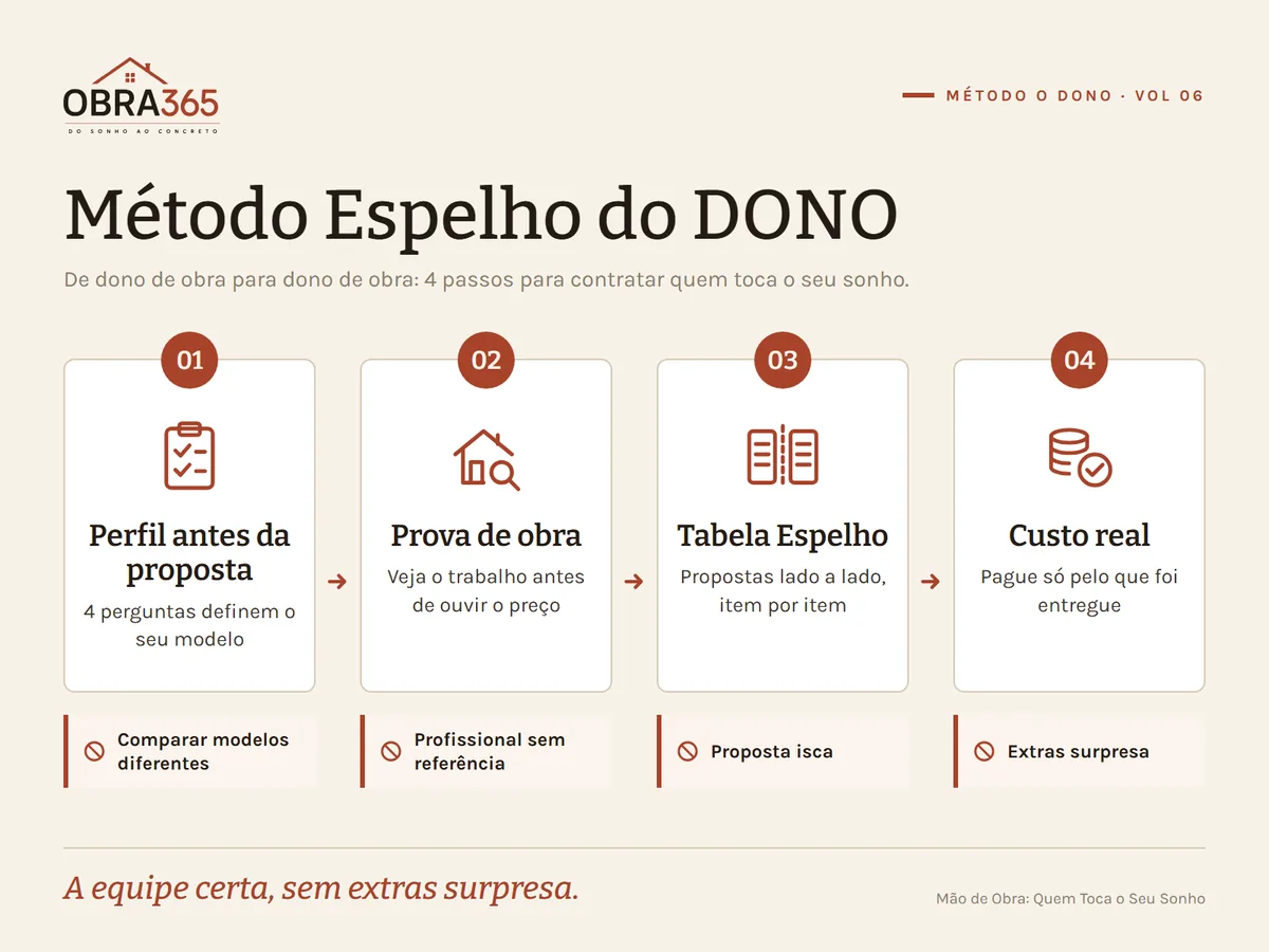 Infográfico do Método Espelho do DONO em 4 passos: 1. Perfil antes da proposta (4 perguntas definem o seu modelo); 2. Prova de obra (veja o trabalho antes de ouvir o preço); 3. Tabela Espelho (propostas lado a lado, item por item); 4. Custo real (pague só pelo que foi entregue).